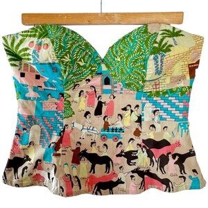 Plenty by Tracy Reese 100% Cotton Novelty Folk Art Print Bustier Corset Top
